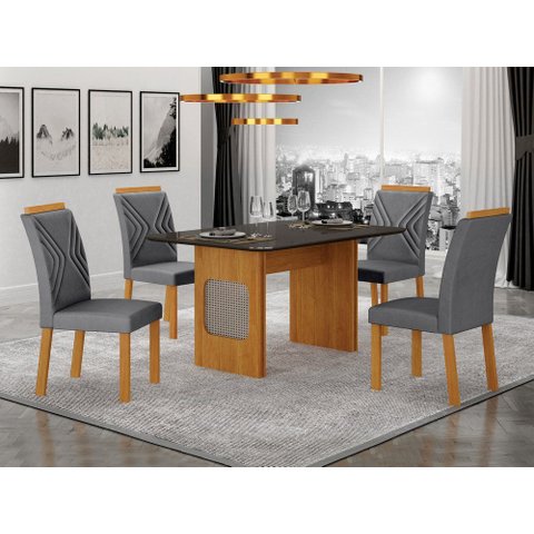 Conjunto Sala de Jantar Lara 1,20m Tampo Vidro Chumbo com 4 Cadeiras Clara Plus Cinamomo/Joli Chumbo