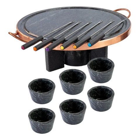 Fondue de Carne Pedra Sabão Chapa 27 cm +Molheiras +Garfinhos
