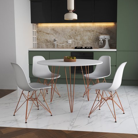Mesa Jantar Redonda 110cm Branca Clips 3 Pés com 4 Cadeiras Eames Eiffel Brancas Base Cobre