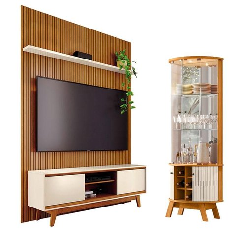 Estante Home Theater com Bancada Suspensa Milo com Cristaleira Marina Cinamomo Off White - Madetec