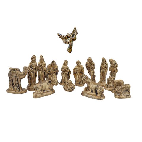 Presepio Natalino 10cm Enfeite 15 Peças Gesso Dourado