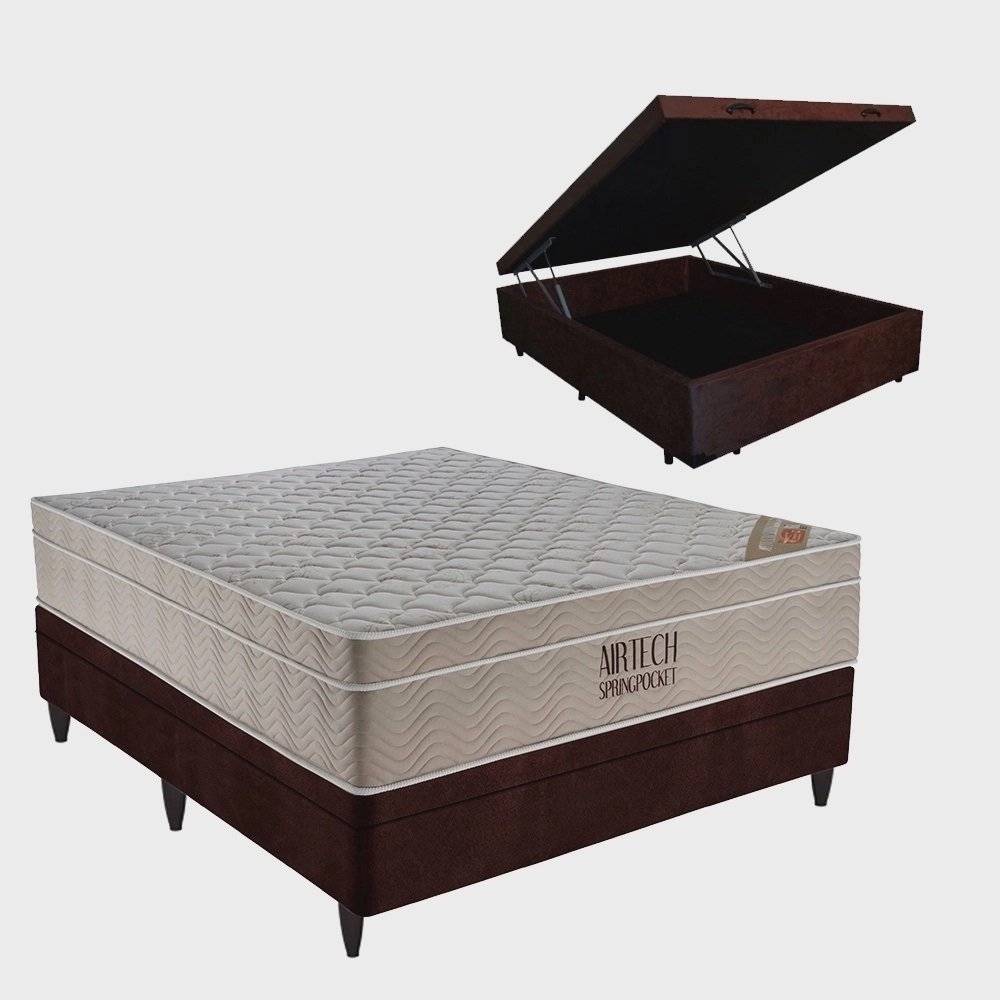 Cama Box com Baú Casal sintético + Colchão Airtech SpringPocket Ortobom 138x188:Marrom