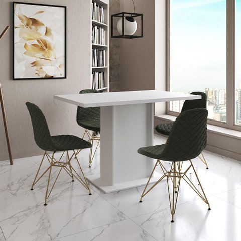 Mesa Jantar Londres Tampo Branco 120cm 4 Cadeiras Base Dourado Estofado Verde