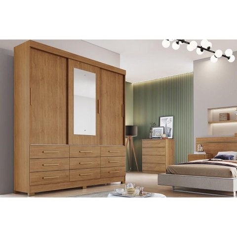 Guarda Roupa 3 Portas (1 C/ Espelho) e 9 Gavetas Buriti/jequitibá Cumaru - Novo Horizonte