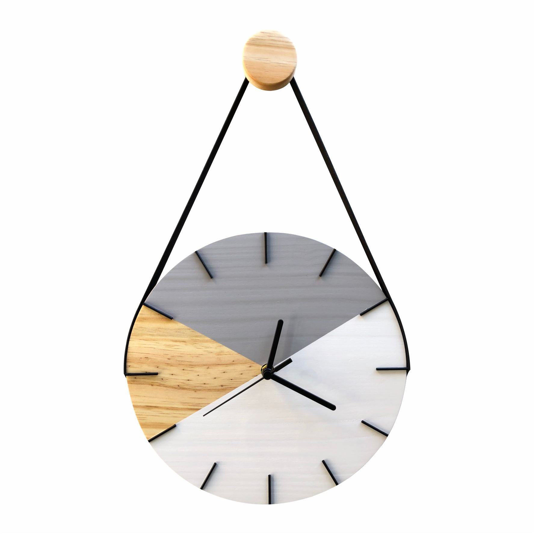 Relógio de Parede Geométrico Branco e Cinza Detalhes Preto com Alça + Pendurador - 1