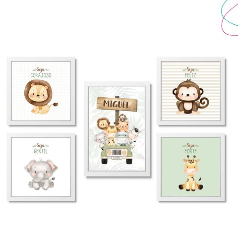 Kit 5 Quadros Decorativos Safari Baby Aquarela Bege:branca