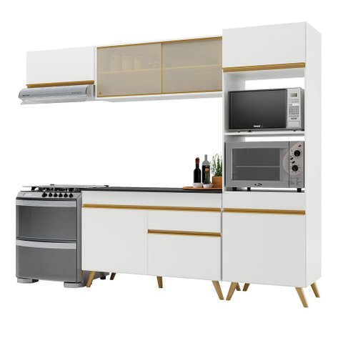 Armário de Cozinha Compacta 252cm Veneza Multimóveis V3691 Branco/Dourado