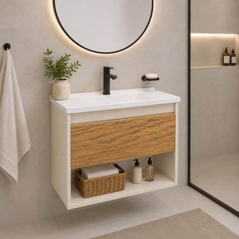 Gabinete Aéreo Sofia Banheiro Compacto Pia Inclusa Off White Nature
