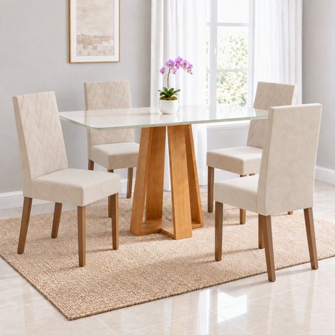 Conjunto Sala de Jantar Mesa Lisa 120cm Tampo MDF Vidro Canto Arredondado 4 Cadeiras Maitê
