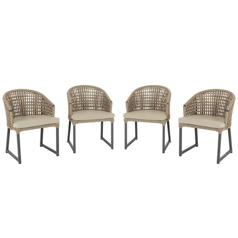 4 Cadeira Noronha Aluminio Micro Pintura Preta, Tr. Telinha Corda Nautica Rami, Estofado - Bege