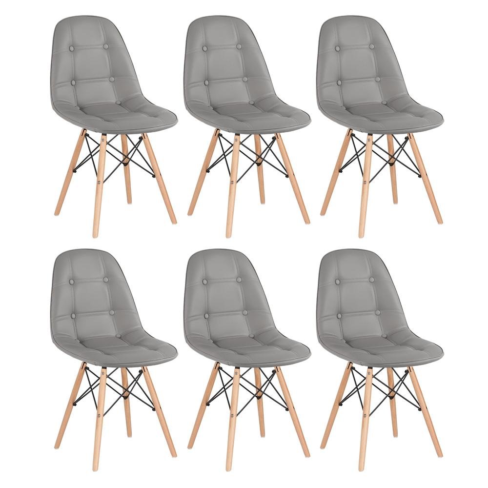 Kit 6 Cadeiras Estofadas Eames Eiffel Botonê - Base de Madeira Clara - Cinza
