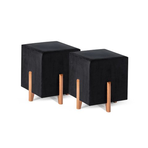 Kit 02 Puffs Decorativo Quadrado em Suede Cor Preto