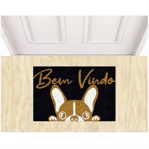 Tapete Capacho Vinil Bem Vindo Bulldog Pets para Decoração.:preto