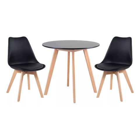 Kit Mesa Redonda Leda Eames 90 Cm Preto + 2 Cadeiras Eiffel Leda