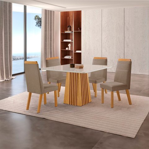 Conjunto de Jantar Mesa Áustria 0,90x0,90 Tampo MDF/Vidro com 4 Cadeiras Catar Yescasa Marrom/Castanho Cinamomo/Capuccino/Off White