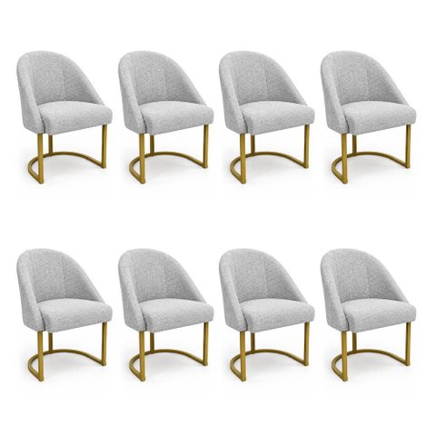 Kit 08 Cadeiras Poltrona de Jantar Lua Boucle Cinza Base Ferro Dourado Dal Poz Estofados