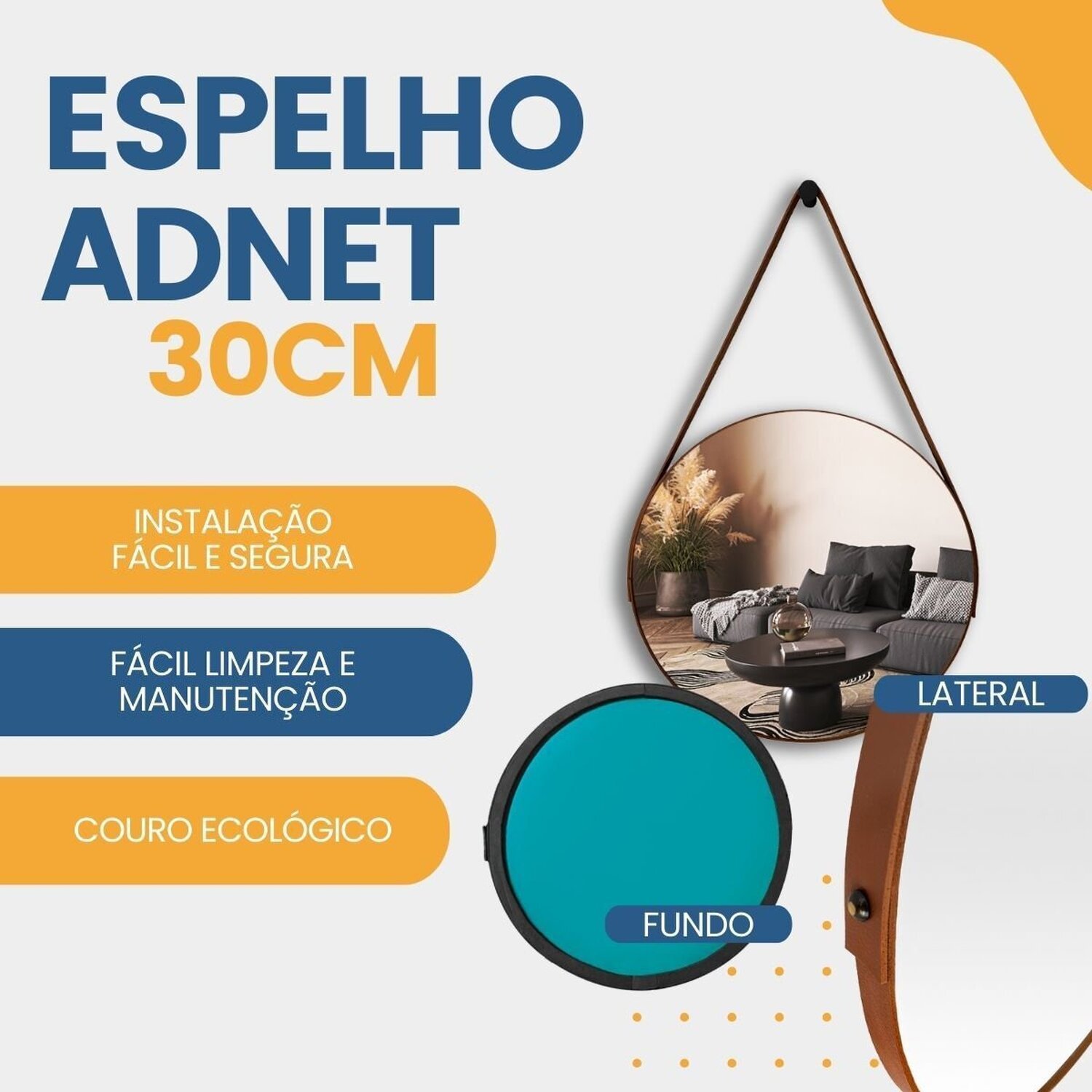 Espelho Adnet Redondo 30cm com Alça e Suporte para Sala Quarto Banheiro Hall - 6