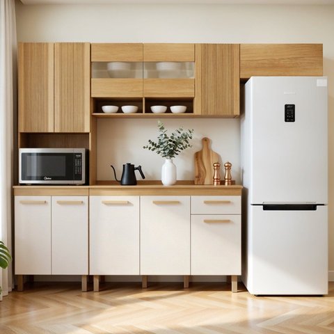 Cozinha Completa Modulada 4 Peças 11 Portas 1 Gaveta Cristal Bege/Cinamomo/Off White