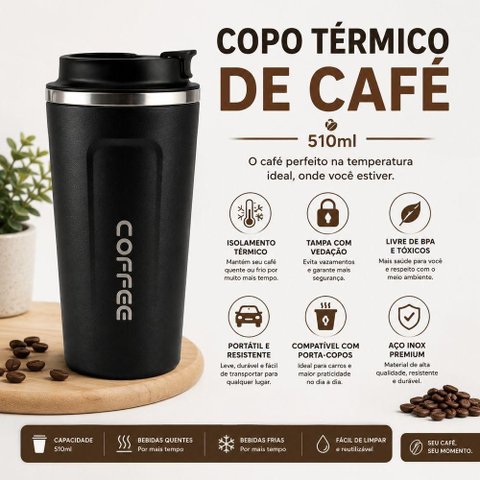 Copo Térmico de Café 510ml Aço Inox com Tampa Antivazamento para Viagem Carro Utimix