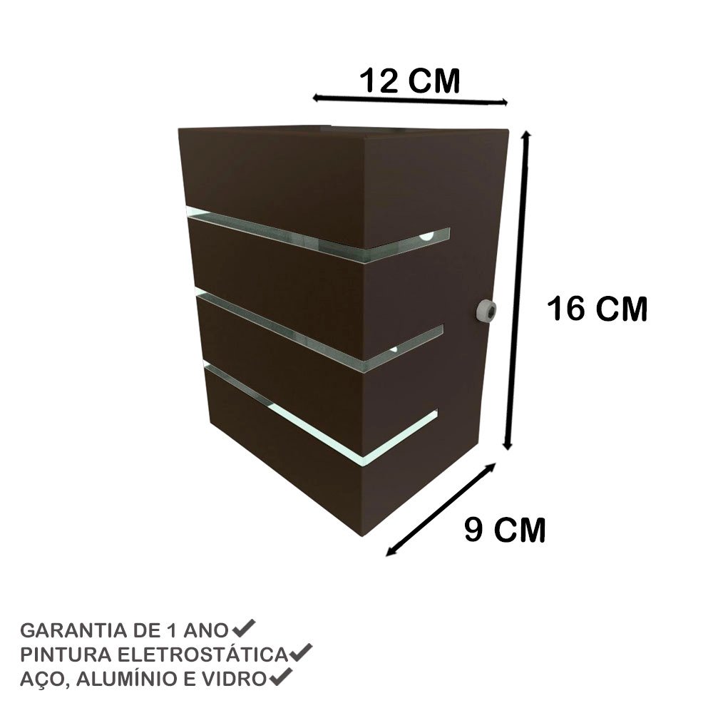 Kit 8 Arandela Eco Retangular 3 Frisos 2 Focos Bivolt + 8 Lâmpadas E27 9W Mf130 - Mega Forte - Marro - 6