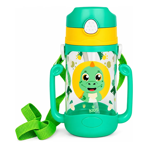 Garrafa de Água Infantil Dinossauro 400ml Alça Dupla Canudo