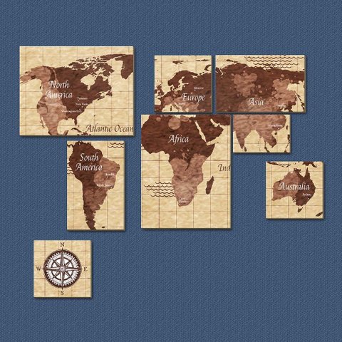 Mapa Mundi Vintage - Quadros ou Placas Modulares com 8 Peças