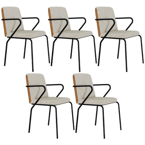 Kit 05 Cadeiras Estofada para Sala de Jantar com Braço Loft Preto C01 Bouclê Vanilla Courino Caramel