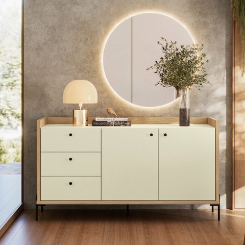 Aparador Buffet para Sala de Jantar 136cm 2 Portas 3 Gavetas Pés em Aço Carbono Linus Marrom/Itapuã