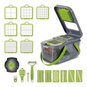 Conjunto Cortador Ralador Manual Multifuncional Cozinha 16 Pecas Cinza Verde