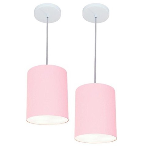 Kit/2 Lustre Pendente Cilíndrico Md-4012 Cúpula em Tecido 18x25cm Rosa Bebê - Bivolt