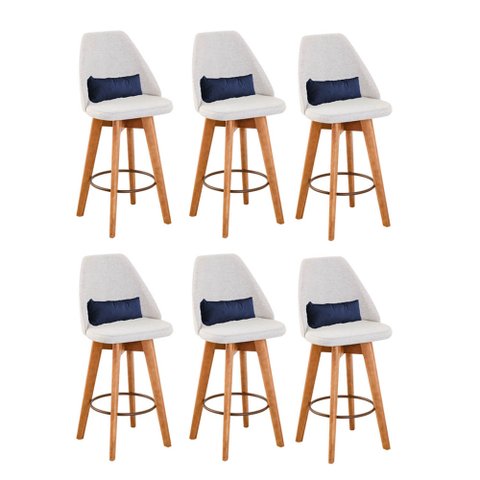 Kit 06 Banquetas Alta Maya Giratória Com Encosto Linho Bege Claro e Almofada Sintético Azul