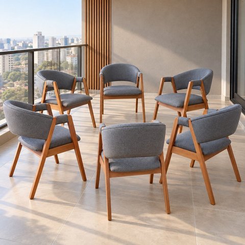 Kit 6 Poltronas Sala de Estar Lithi Revestida em Linho Cinza-Escuro Design Versátil e Sofisticado