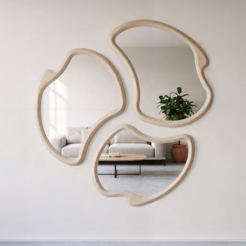 Conjunto 3 Espelhos Orgânicos Moldura em MDF Textura Pietra Miraggio
