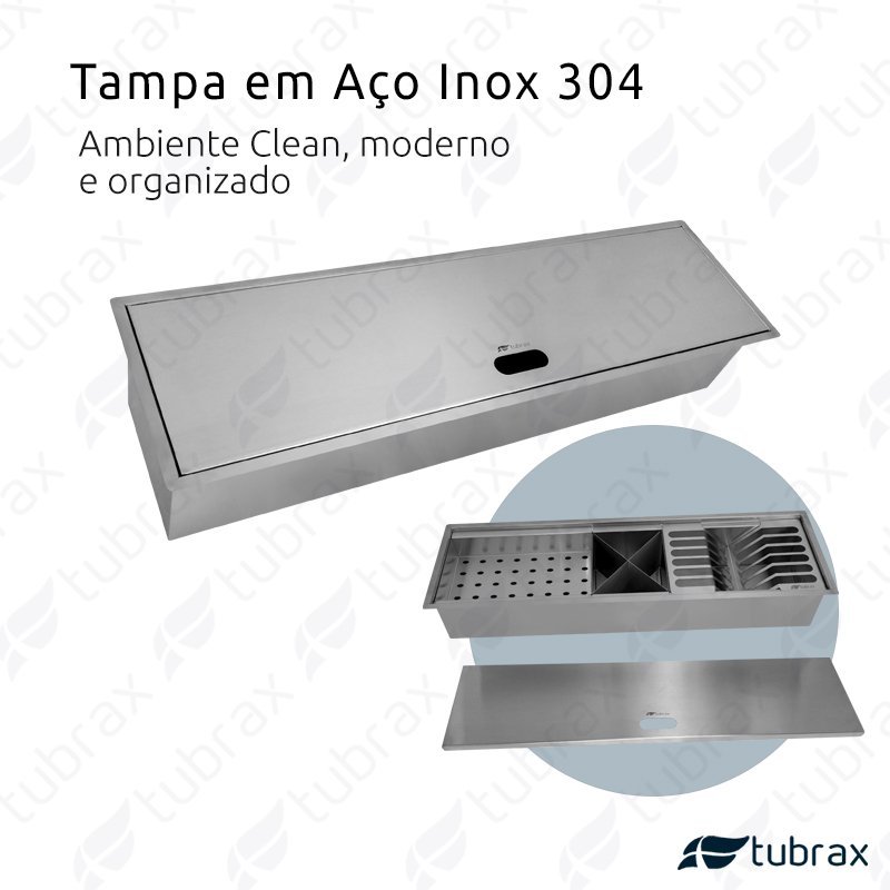 Canal Úmido Organizador Calha De Cozinha em Aço Inox 304 C/3 Módulos e Tampa - Tubrax - 2