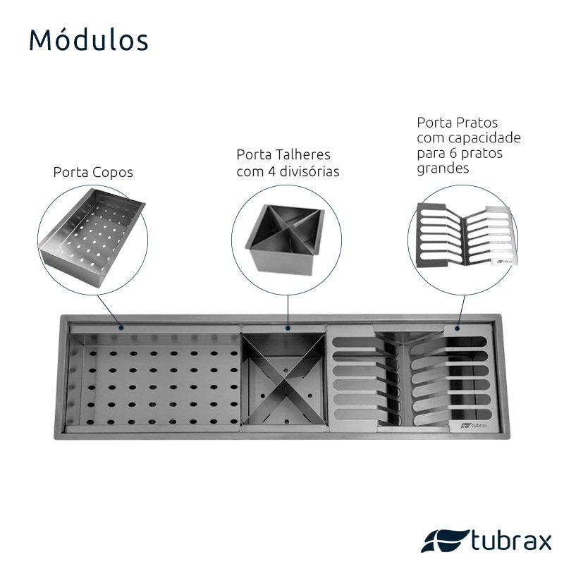 Canal Úmido Organizador Calha De Cozinha em Aço Inox 304 C/3 Módulos e Tampa - Tubrax - 4