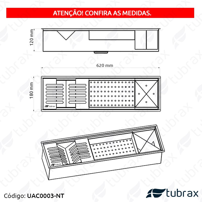 Canal Úmido Organizador Calha De Cozinha em Aço Inox 304 C/3 Módulos e Tampa - Tubrax - 3