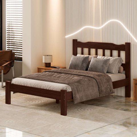 Cama Casal Perola New Castanho em Madeira Maciça
