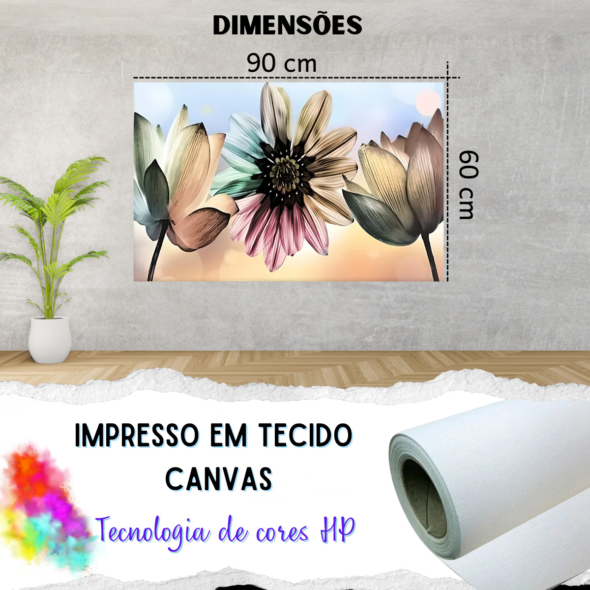 Quadro Grande para Sala Decoração Delicada Tela Flores 90cmx60cm - 2