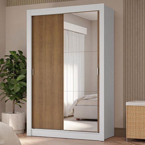 Guarda-roupa Solteiro 2 Portas de Correr com Espelho 4 Gavetas Branco/rustic Vivare Plus Madesa