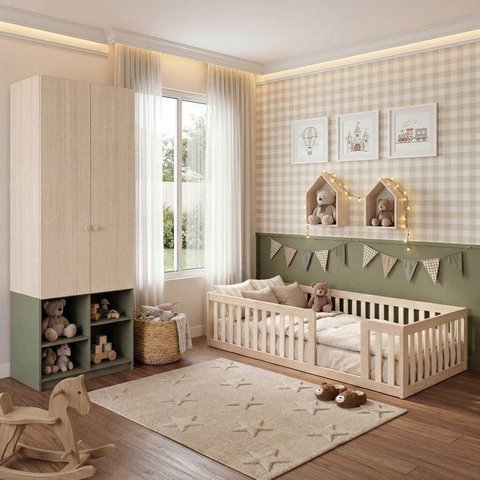 Quarto Montessori Cama Giulia e Guarda-Roupa Curió 2 Portas  Casatema MadeiraOriginals Natural/Verde