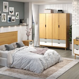Guarda-roupa 4 Portas 4 Gavetas em Madeira Maciça Linha Nórdica Yescasa Roble/Cinza/Branco