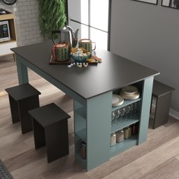 Mesa 140 Cm com 4 Banquetas e Prateleira Esmeralda - 1
