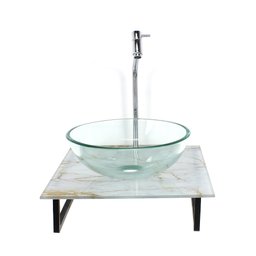 GABINETE DE VIDRO COM CUBA REDONDA INCOLOR COM TAMPO DE VIDRO 40CM X 40CM MÁRMORE BRANCO DOURADO - 1