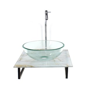GABINETE DE VIDRO COM CUBA REDONDA INCOLOR COM TAMPO DE VIDRO 40CM X 40CM MÁRMORE BRANCO DOURADO