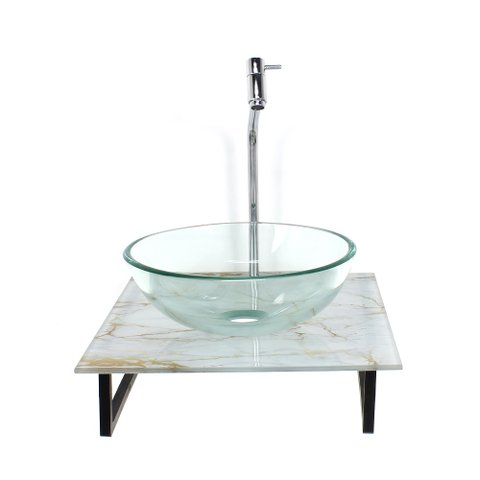 GABINETE DE VIDRO COM CUBA REDONDA INCOLOR COM TAMPO DE VIDRO 40CM X 40CM MÁRMORE BRANCO DOURADO
