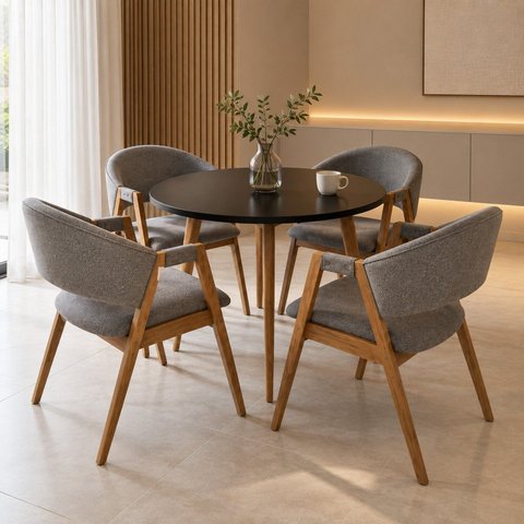 Conjunto Mesa Redonda Leda 90cm MDF & 04 Cadeiras Estofadas Ergonômica em Linho