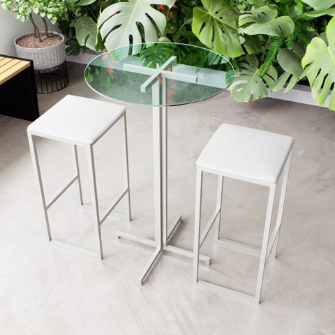 Conjunto Mesa Alta Bar Bistrô Redonda Vidro 2 Bancos Estofado Don Castro Decor