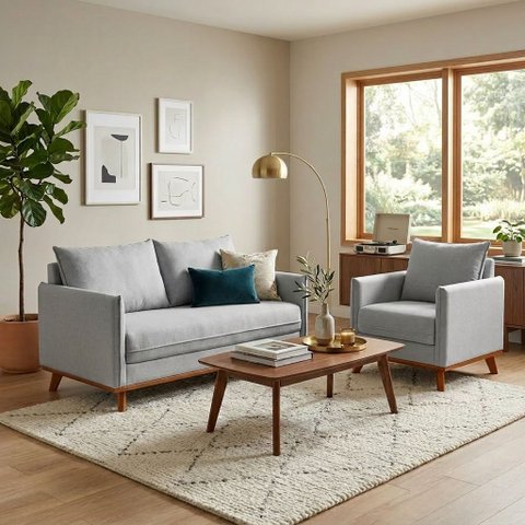Kit Petiz Sofá 2 Lugares + Poltrona Orgânica Bouclé Cinza Living Sala Recepção