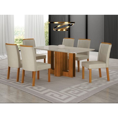 Conjunto Jantar 6 Cadeiras 1,60x090 Izabelle - Arbo Design - Cinamomo Off White - Linho Bege