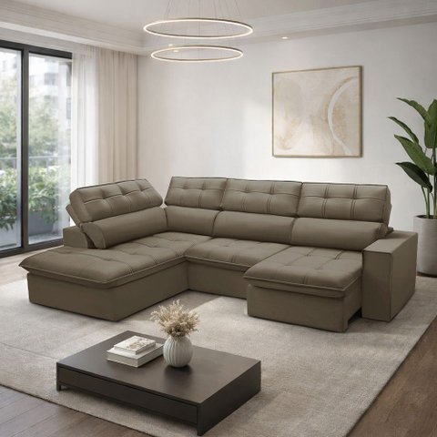 Sofá 4 Lugares Retrátil Reclinável Chaise Esquerdo 288cm Solin F04 Veludo Marrom Claro - Lyam Decor
